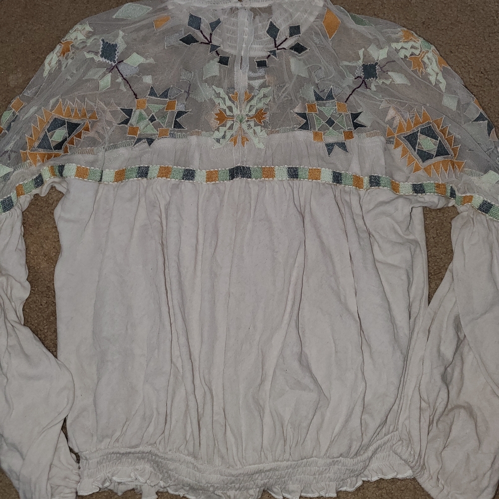 Free People Cream High-Neck Embroidered Peasant Blouse - Picture 4 of 4